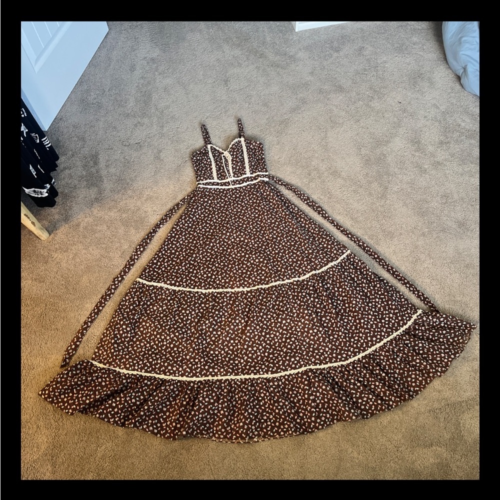 Gunne Sax Prairie Maxi Dress Brown Feather Lace Corset Tie Back Vintage - Picture 7 of 16